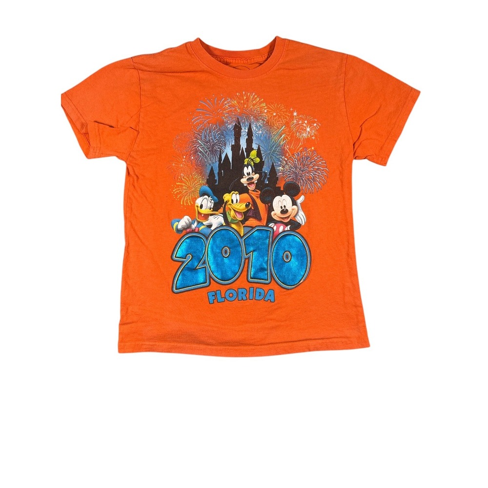 Disney T Shirt Kids Large 12 14 Orange‎ 2010 Fireworks Castle Mickey Mouse
